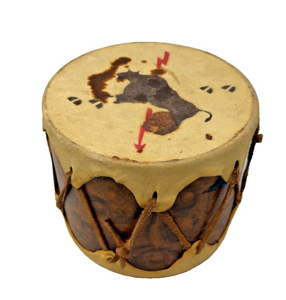 Vintage Hand Drum Cowhide Western Motif Rawhide Laced 6.5in x 5.25in